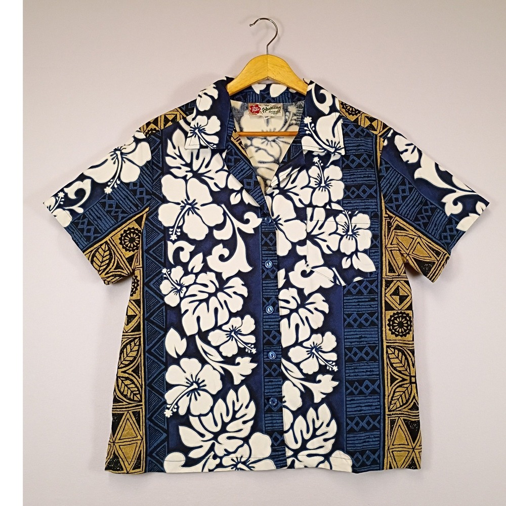 Tropical Aloha Hilo Hattie Mens Medium Blue White Hibiscus Tribal Camp Shirt